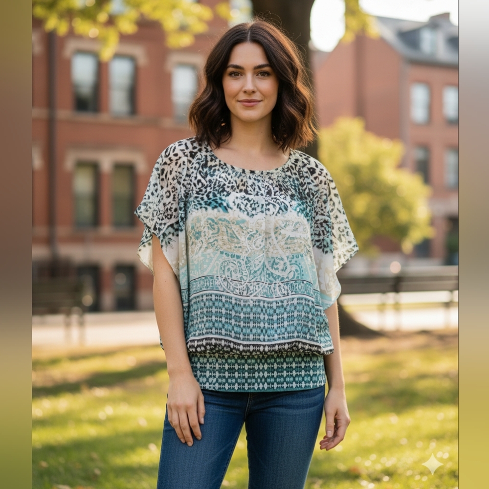 JM Collection Multicolor Round Neck Flutter Sleeve Blouse Size Medium Petite 🐈